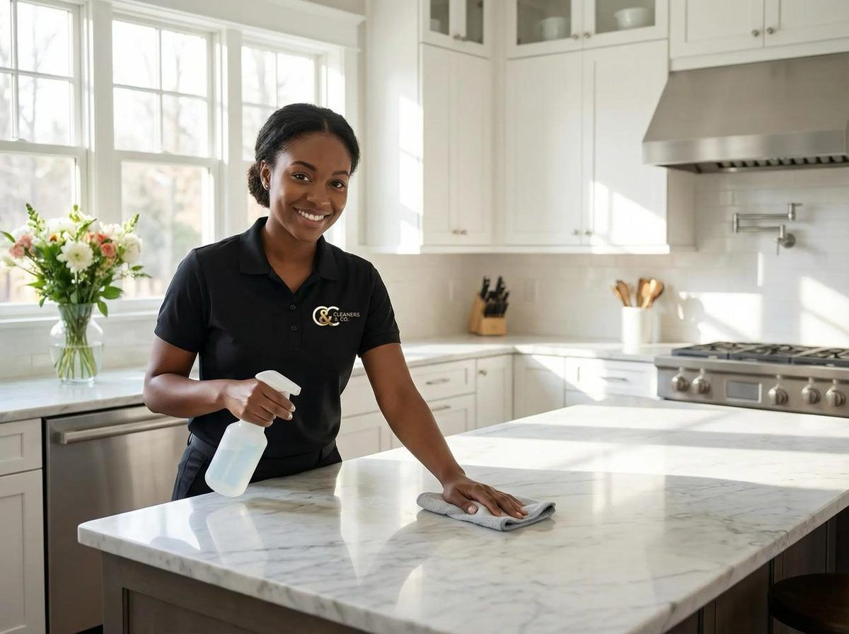 Cleaners & Co. cleaner wiping down a marble kitchen island during a standard house cleaning