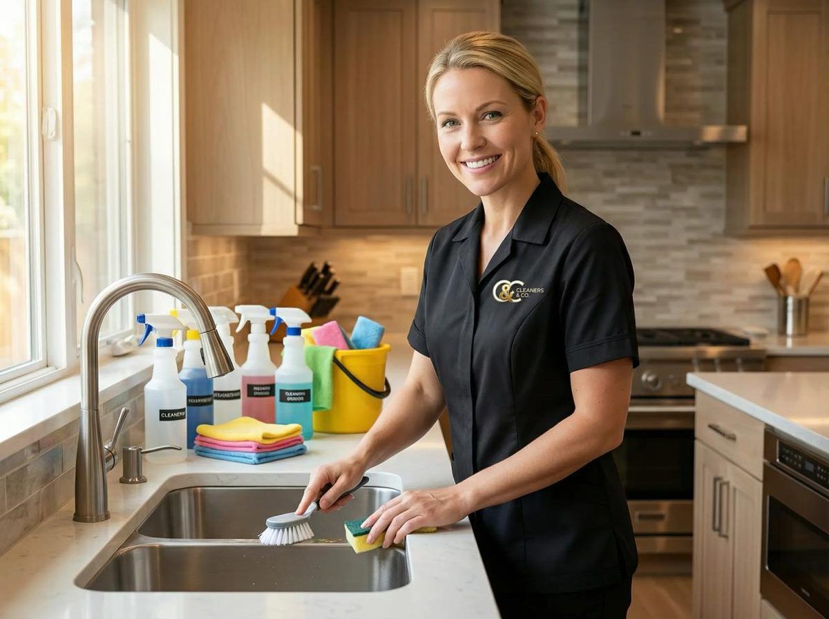 Cleaners & Co. cleaner scrubbing a stainless steel kitchen sink next to a caddy of cleaning supplies