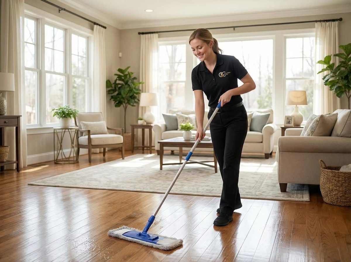 Cleaners & Co. cleaner mopping the hardwood floor of a bright living room during a house cleaning in Lancaster, PA