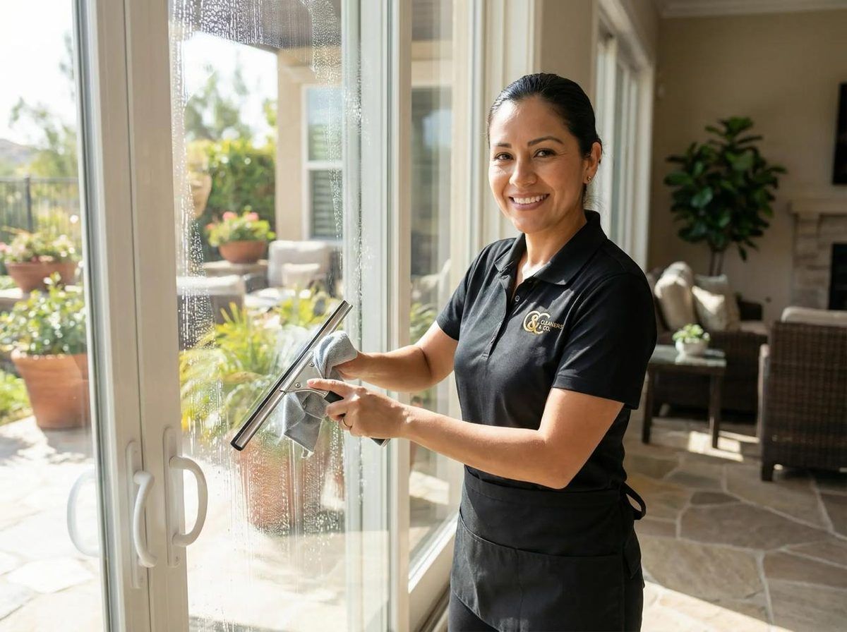 Cleaners & Co. cleaner squeegeeing a large glass door